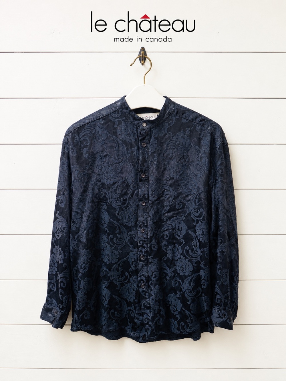 Le Château Vintage Black Jacquard Band Collar Shirt – Men’s Size M